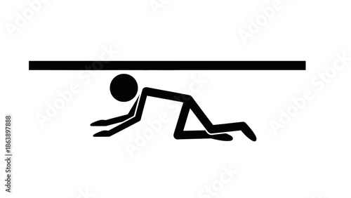 Black Stick Figure Crawling Under Obstacle on Isolated White Background