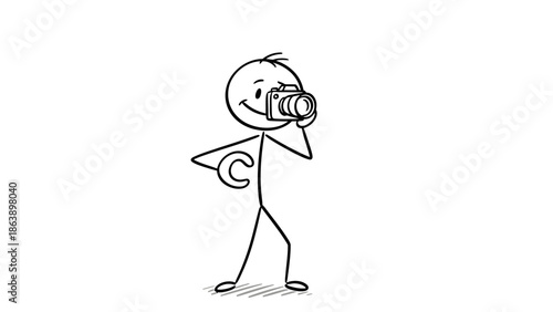 Happy Stick Figure Taking a Photo with a Camera, Engaged Photographer on Isolated White Background.