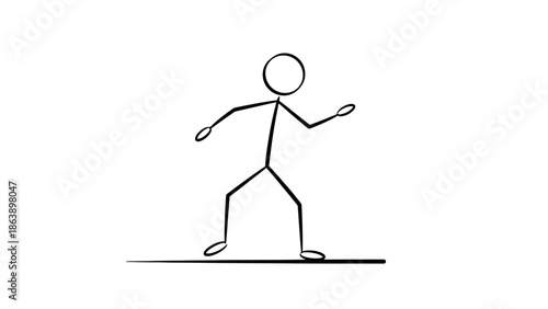 Stick Figure Balancing on a Line, Walking Carefully with Focus on Isolated White Background.