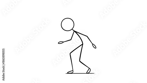 Stick Figure Tiptoeing Cautiously, Sneaking or Moving Quietly on Isolated White Background.