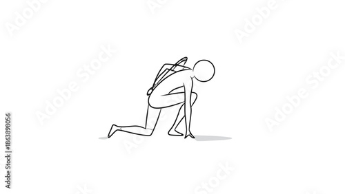 Stick Figure with Backpack Crouching in Starting Block Position, Ready to Run on Isolated White Background.
