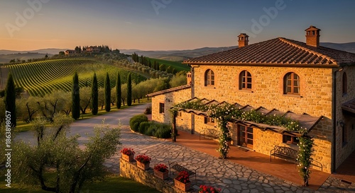 Traditional stone farmhouse rests amidst rolling vineyard landscape during sunset