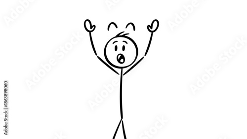 Stick Figure Yelling with Arms Raised, Expressing Excitement or Shock on Isolated White Background.