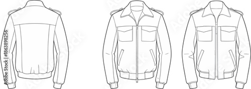Bomber jacket fashion sketch, front and back view, epaulets, flap pockets, zipper detail, CAD drawing flat vector illustration