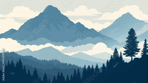 Serene mountain landscape with pine trees and clouds