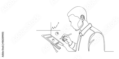 Continuous one line of a person analyzing financial data with focus, symbolizing thoroughness, drawn vector illustration.