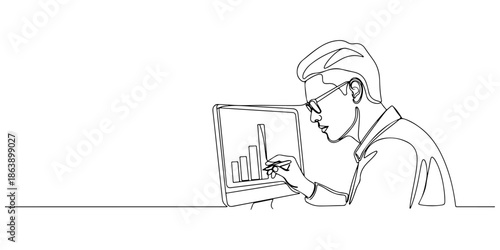 Continuous one line of a person analyzing financial data with focus, symbolizing thoroughness, drawn vector illustration.