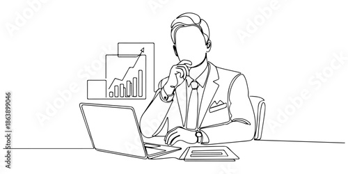 Continuous one line of a professional planning financial future, symbolizing business vision, drawn vector illustration.