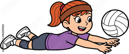 Cute cartoon girl playing volleyball vector illustration, young female athlete diving to save ball, sporty character isolated on white background, active lifestyle.