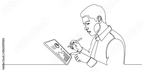 Continuous one line of a person analyzing financial data with focus, symbolizing thoroughness, drawn vector illustration.