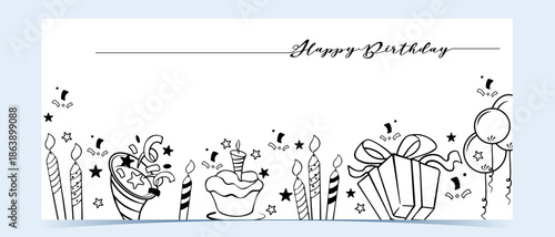 Hand drawn minimalist line art illustration of birthday invitation.