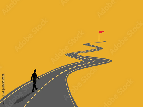 Business people walk along the path to their planned goals.