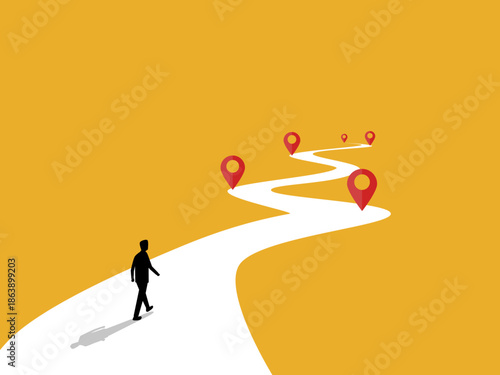 businessman walked on a street marked with pins indicating locations