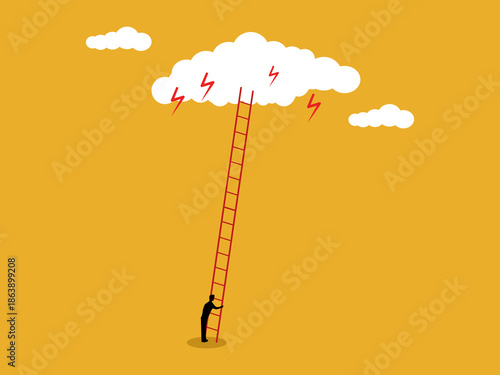 businessman climbs the ladder to the clouds