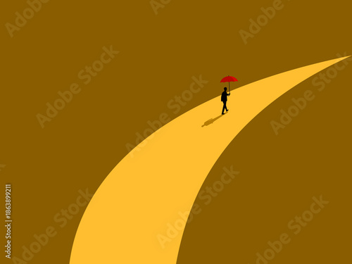 businessman with an umbrella walked along the guiding light.