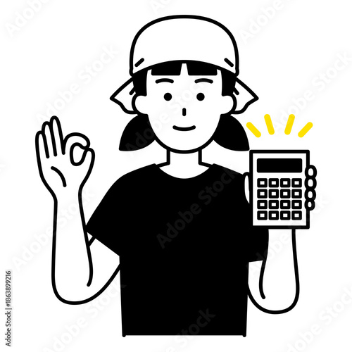 電卓を持ってOKサインをする居酒屋の女性店員