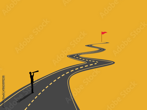 businessman used binoculars to look at the flag at the end of the road.