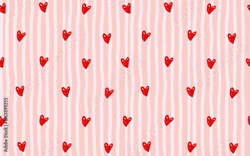 Coquette seamless pattern with vertical pink and cream stripes , decorative red hearts. Valentine's Day holiday illustration background texture, romantic wedding design.