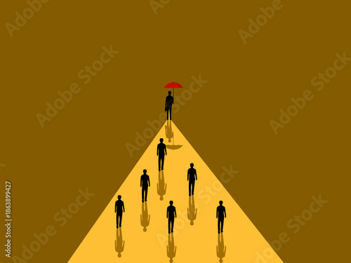 businessman holding a distinctive umbrella walked ahead of his team