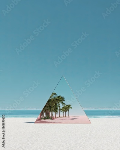 Triangular prism reflecting a tropical beach scene