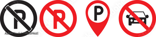 No Parking area icon set. Prohibited Car parking symbol. no parking signs on Transparent background. Set of diverse international parking and no parking road signs.

