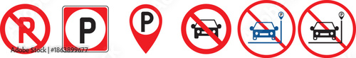 No Parking area icon set. Prohibited Car parking symbol. no parking signs on Transparent background. Set of diverse international parking and no parking road signs.
