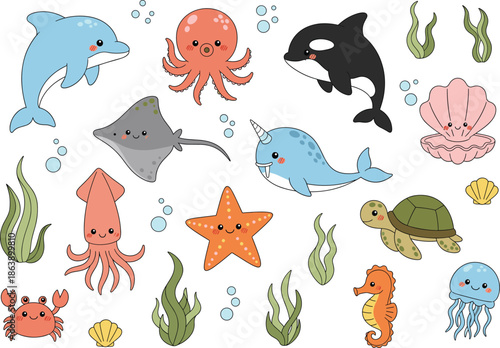 Cute sea animals cartoon vector set with dolphin whale octopus turtle starfish and underwater creatures isolated