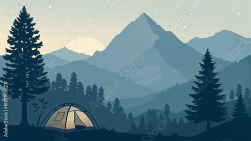 Serene mountain camping scene with tent at dusk in forest