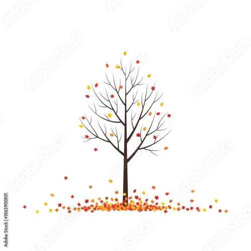 Autumn Tree Losing Leaves with Scattered Leaves on Ground - Vector Illustration