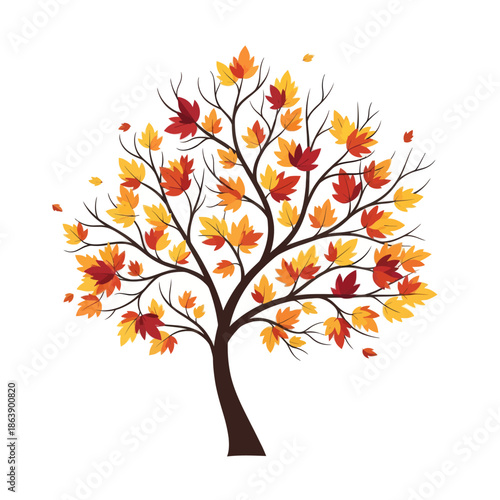 Autumn Tree with Falling Leaves - Vibrant Fall Colors - Vector Illustration