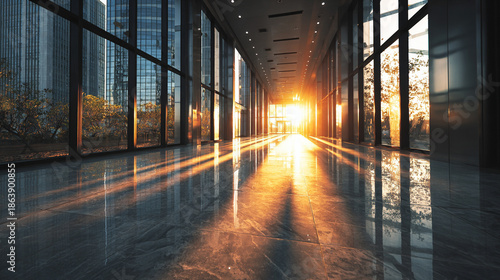 Empty office corridor with glass walls bathed in warm sunlight, symbolizing professionalism, modern architecture, clarity, opportunity, and a bright, inspiring business environment.