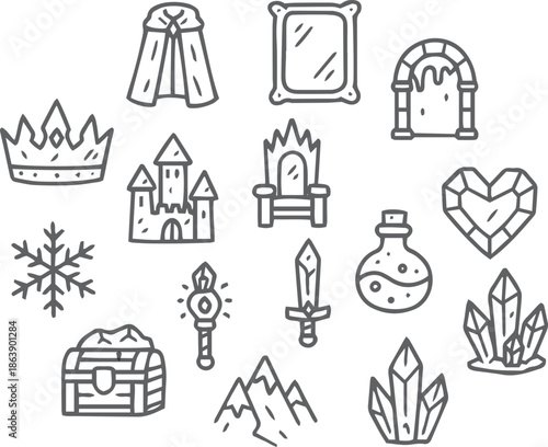 Hand Drawn Fantasy Adventure and Medieval Kingdom Magic Line Icon Set