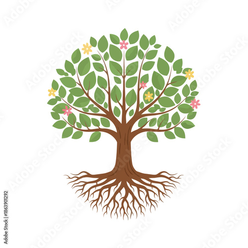 Stylized Tree of Life with Blossoms and Roots Illustration