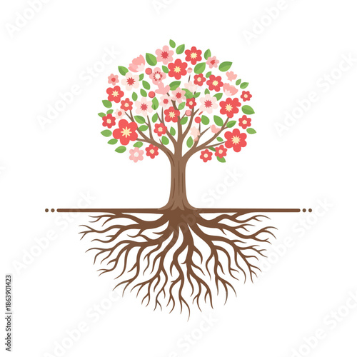Blooming Tree with Extensive Roots, Spring Blossom, Nature Symbol