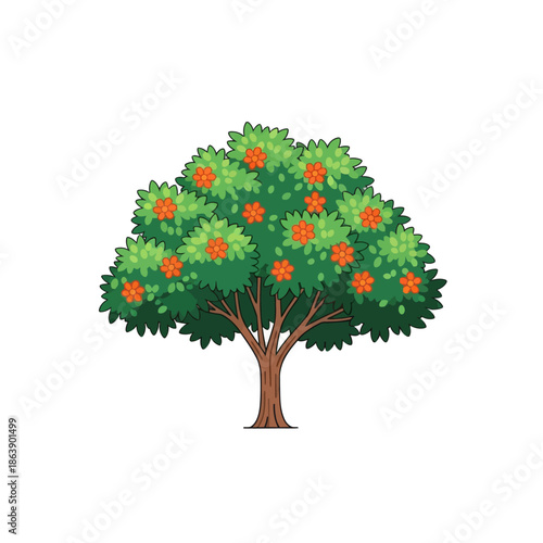 Cartoon Orange Tree with Ripe Fruits and Green Leaves, Isolated on White Background