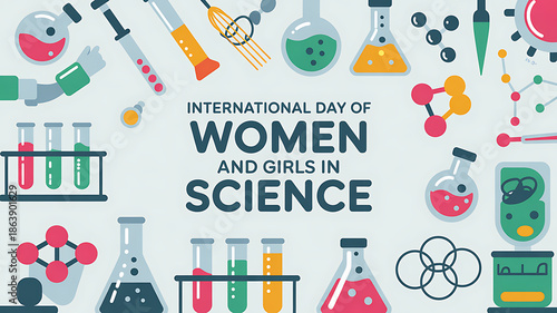 International day of women and girls in science educational banner with laboratory equipment and science tools on white background with women in science