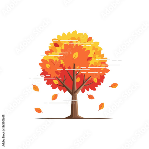Vibrant Autumn Tree with Falling Leaves - Flat Design Illustration