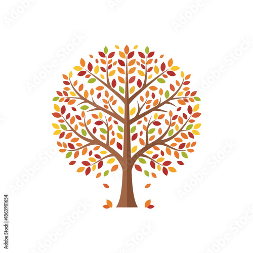 Vibrant Autumn Tree with Colorful Leaves, Falling Foliage, Isolated on White Background