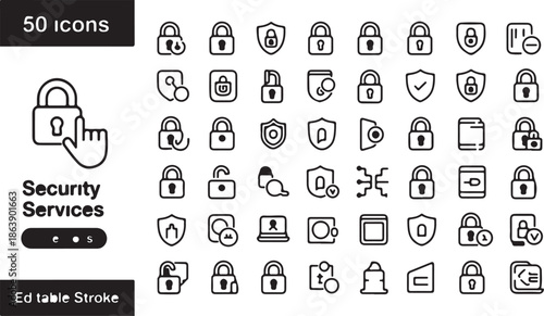 A Comprehensive Set of 50 Black Line Art Icons for Security Services, Editable Stroke Design