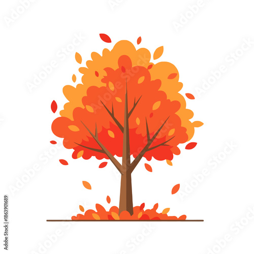 Vibrant Autumn Tree with Falling Leaves and Foliage