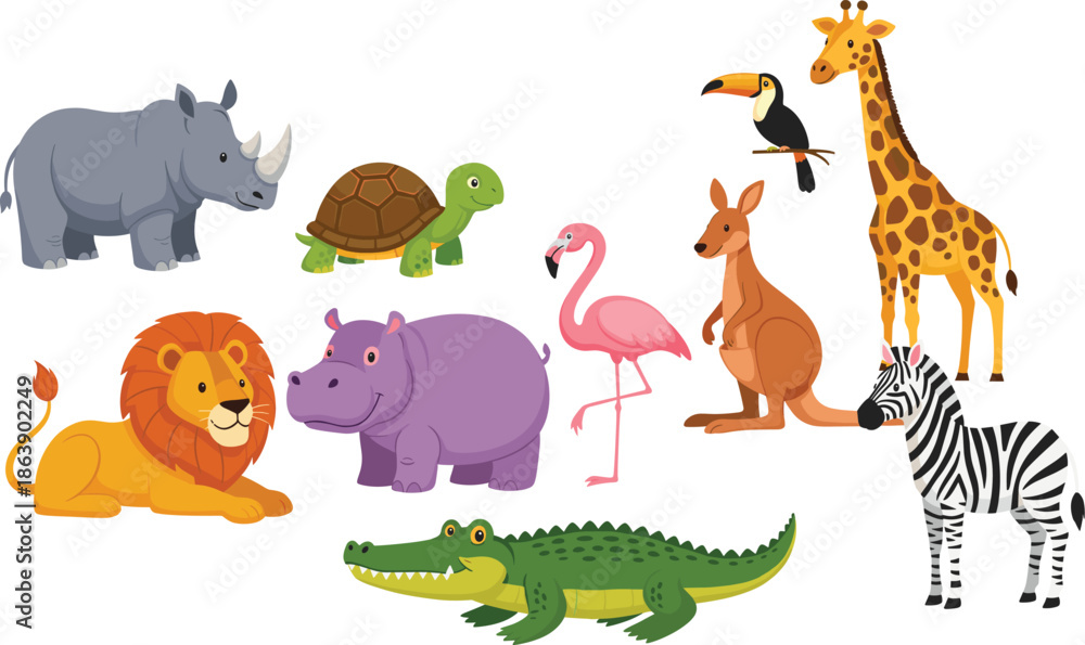 Fototapeta premium Wild animals vector illustration set with lion giraffe zebra kangaroo crocodile and exotic zoo animals isolated