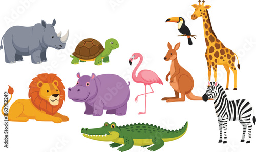 Wild animals vector illustration set with lion giraffe zebra kangaroo crocodile and exotic zoo animals isolated