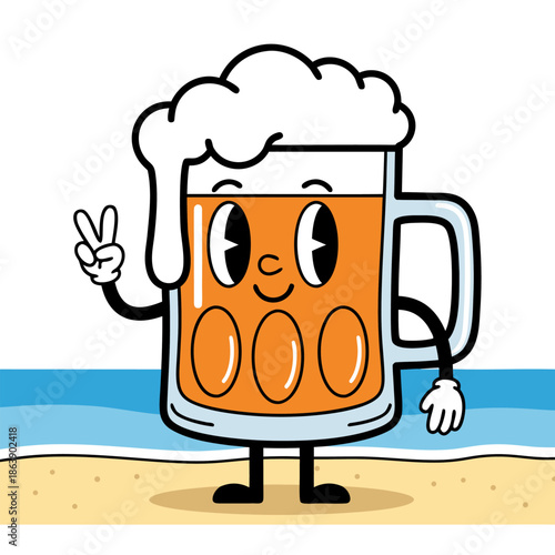 Cheerful retro cartoon beer mug character making a peace sign on a sunny beach, celebrating joyful summer holidays with a vibrant vector illustration
