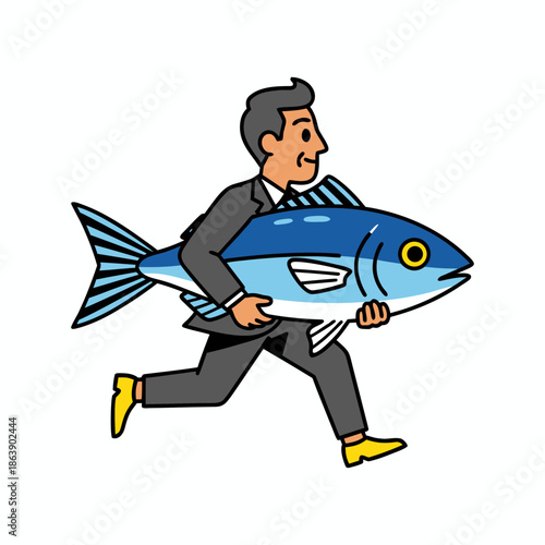 Dynamic businessman swiftly carries a large, freshly caught fish, embodying entrepreneurial spirit and a unique approach to daily success