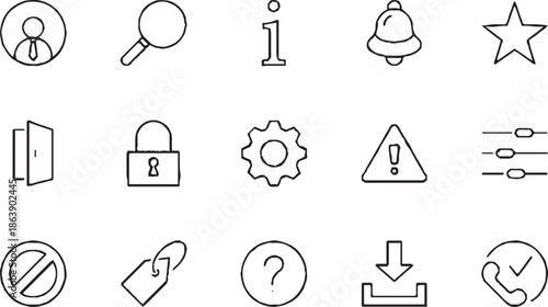 Set of Interface Related Vector Line Icons. Contains such Icons as User, Search, Info, Star, Bell, Door, Settings, Lock, Alert, Gear and more. 