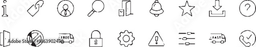 Set of Interface Related Vector Line Icons. Contains such Icons as User, Search, Info, Star, Bell, Door, Settings, Lock, Alert