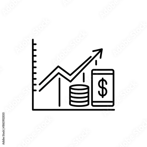 Financial Growth Chart with Upward Arrow and Dollar Coins for Investment and Business Success