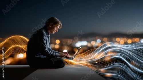 Digital Silhouette: A lone figure sits bathed in the glow of a laptop screen, connected to data streams against a backdrop of a city's night lights.