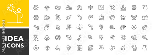 Idea outline icon set. Creative idea, brainstorming, solution, thinking and innovation icons. Brainstorm line icon. Editable stroke. Lightbulb with brain symbol. Vector illustration