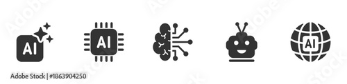 Artificial intelligence icons set. Artificial intelligence technology and Machine learning concept. Set contains such Icons as Ai Architecture, Brain, Robotics, Ai Technology, Algorithm and more.